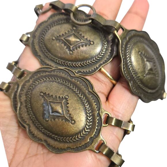 Concho Chain Belt Bronze Brown Metal Western Rustic Cowboy Medallion Brass Small - Picture 1 of 14